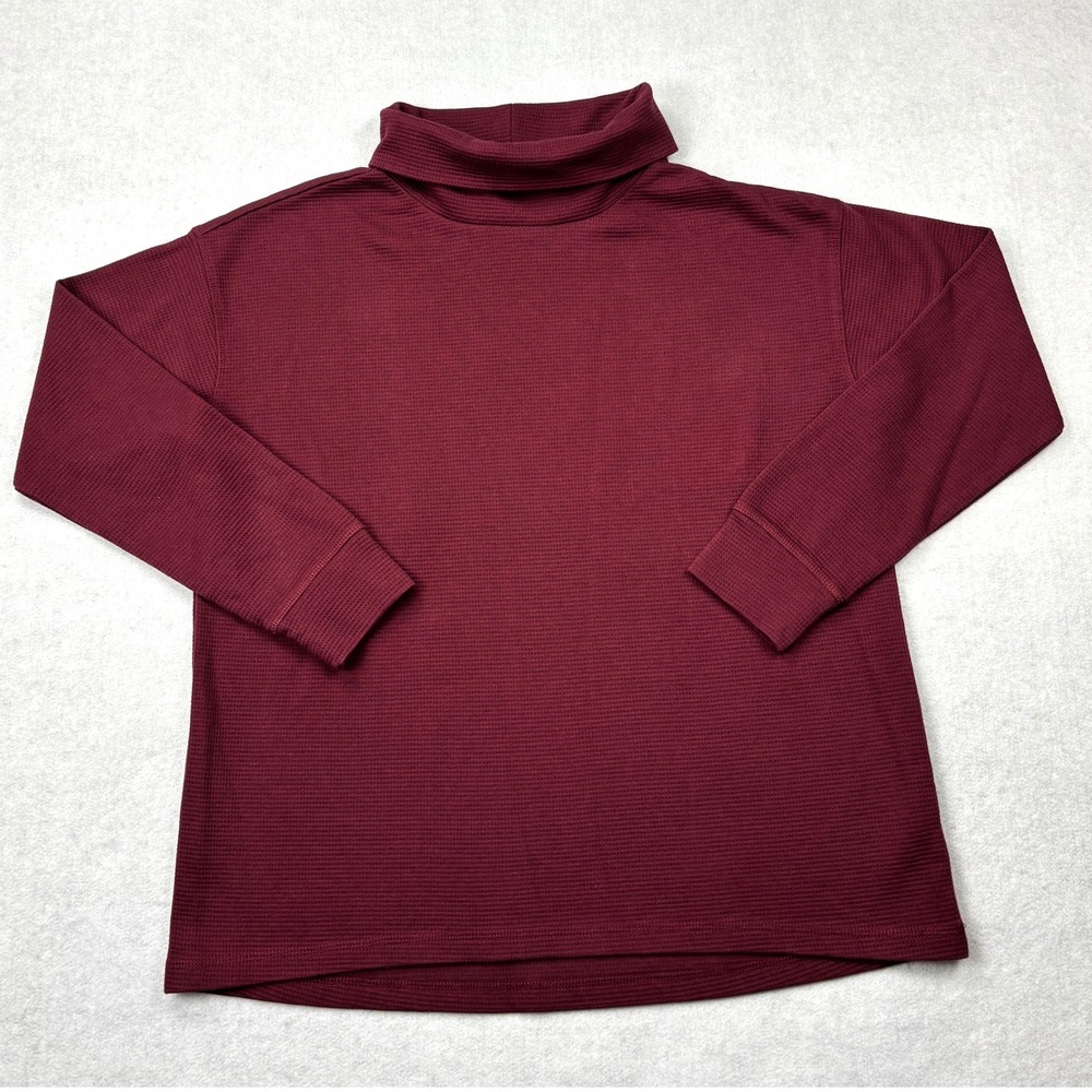 Lands End Womens Waffle Knit Turtleneck Top Burgundy Maroon Large L Long Sleeve
